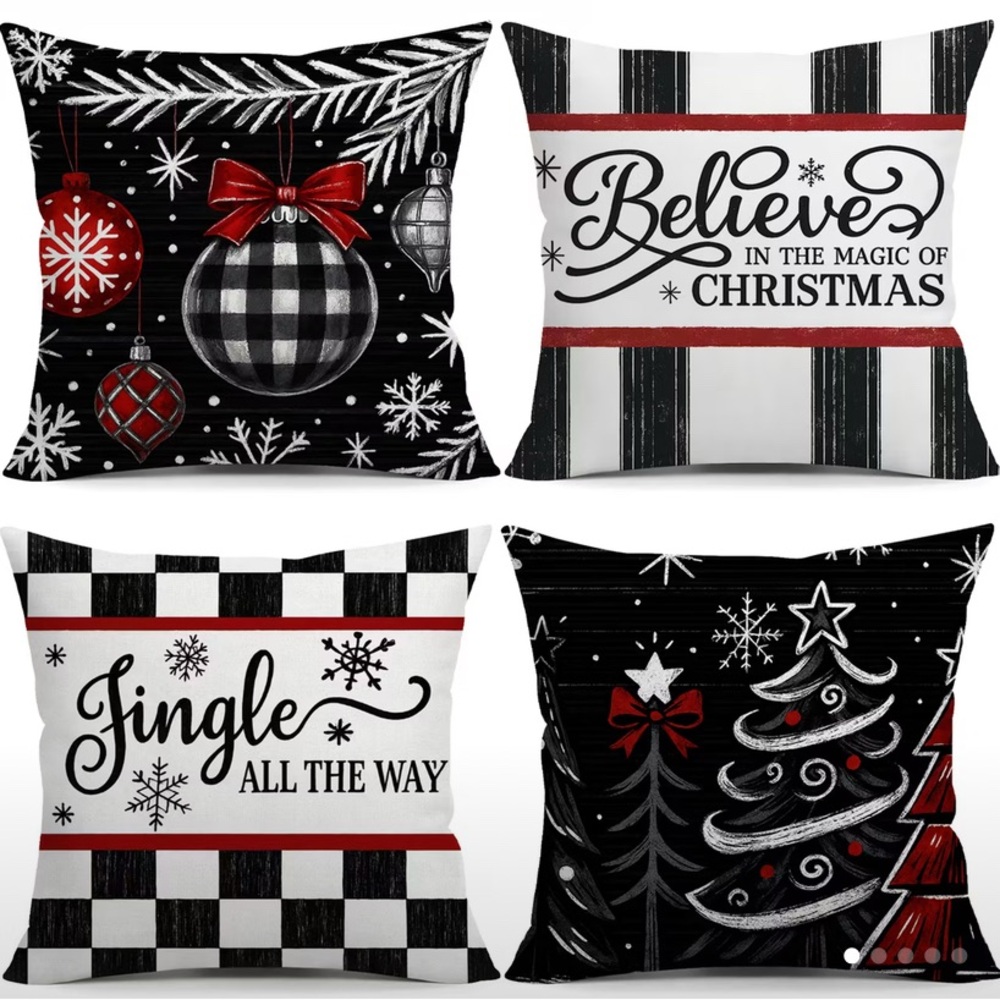 (New in package)4 pk Holiday Decorative Pillow Covers Set - Black, Red, White